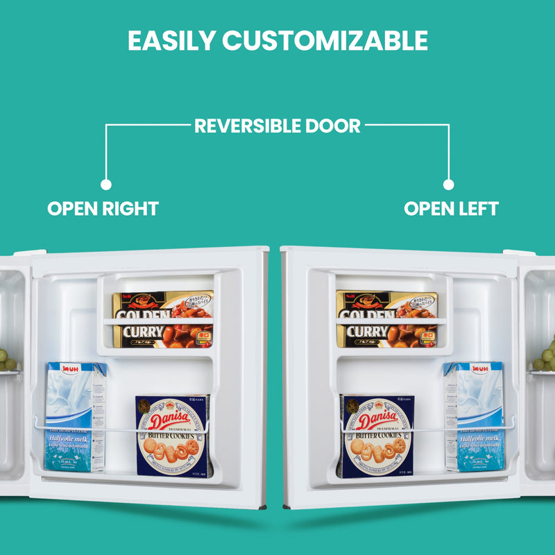 Two closeup views of compact fridge, open with food and beverages inside, with door installed to open left or right. Text above reads, "Easily customizable" and text below that reads, "Reversible: Open right/open left"