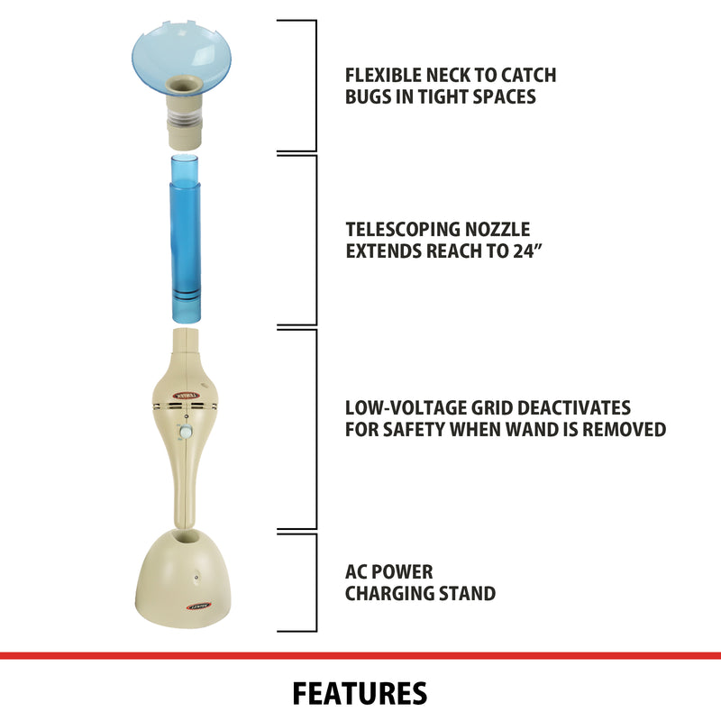 Cordless rechargeable bug vacuum on a white background with parts and features labeled: Flexible neck to catch bugs in tight spaces; telescoping nozzle extends reach to 24"; low-voltage grid deactivates for safety when wand is removed; AC power charging stand