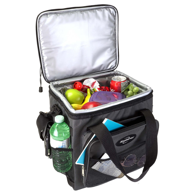 Koolatron 12V travel cooler, open with food and drinks inside, on a white background