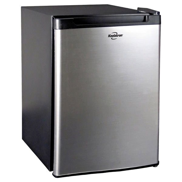 Black and stainless steel compact fridge with freezer on a white background