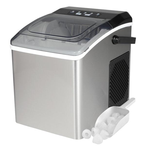 Stainless steel automatic ice maker with a clear plastic scoop of ice cubes beside it on a white background