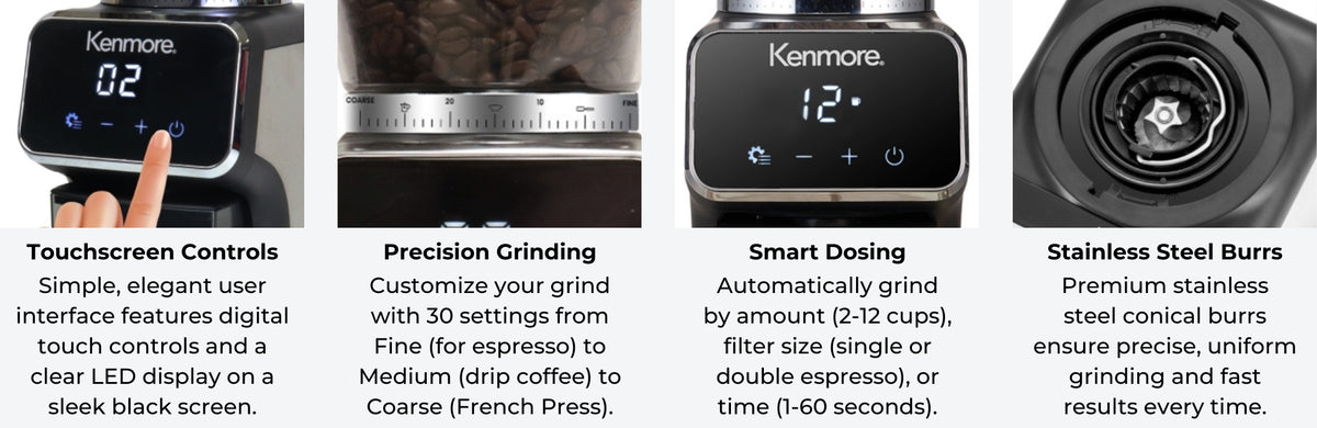 Four closeup images of Kenmore digital burr coffee grinder features with written descriptions