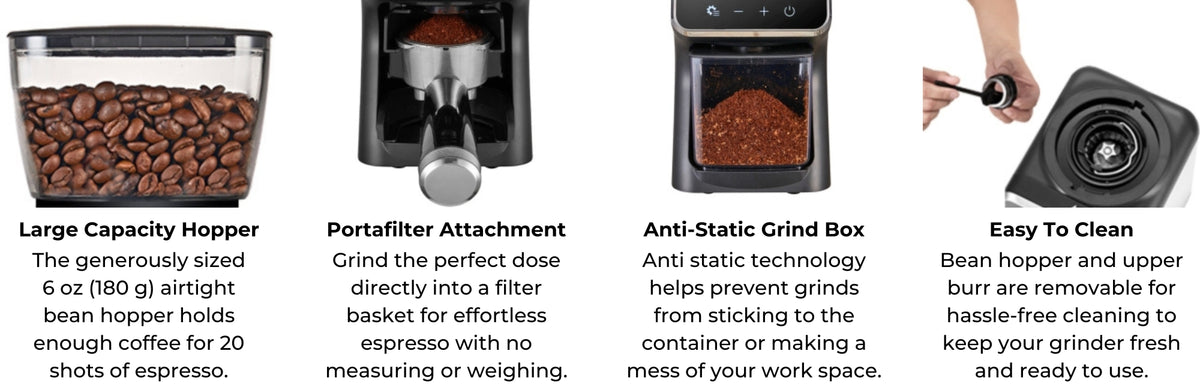 Four closeup images of Kenmore digital burr coffee grinder features with written descriptions