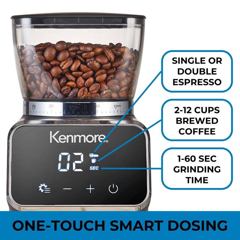 Closeup image of the Kenmore conical burr grinder showing the touchscreen and coffee bean hopper. Text to the right describes each of the three smart dosing icons as follows: 1. Portafilter icon - single or double espresso; 2. Cup icon - 2-12 cups brewed coffee; 3. SEC icon - 1-6 sec grinding time. Text below reads, "One-touch smart dosing."