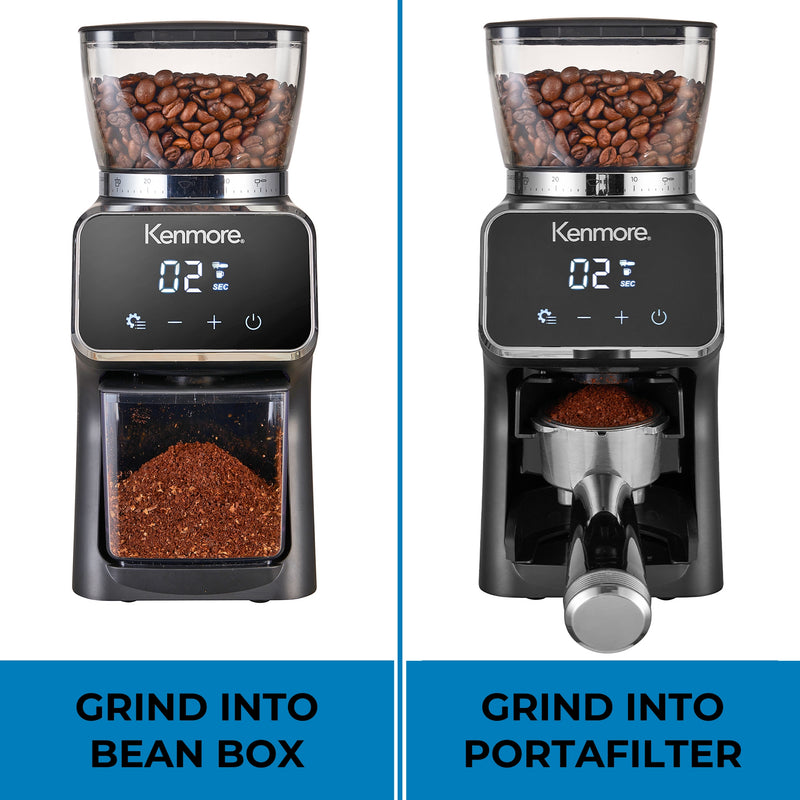 On the left is the Kenmore digital coffee grinder on a white background with the grind container filled with ground coffee and text below reading, "Grind into bean box." On the right is the burr grinder with a portafilter filled with ground coffee in the portafilter cradle and text below reading, "Grind into portafilter."