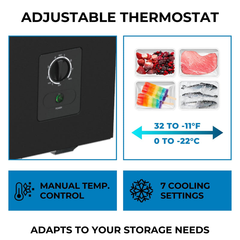 On the left is a closeup of the control dial and power indicator on the front of the Kenmore chest freezer with text below reading, "Manual temp. control," and on the right are four pictures of frozen foods and the freezer's temperature range, 32 to -11°F (0 to -22°C) with text below reading, "7 cooling settings." Text at the top reads, "Adjustable thermostat," and text at the bottom reads, "Adapts to your storage needs"