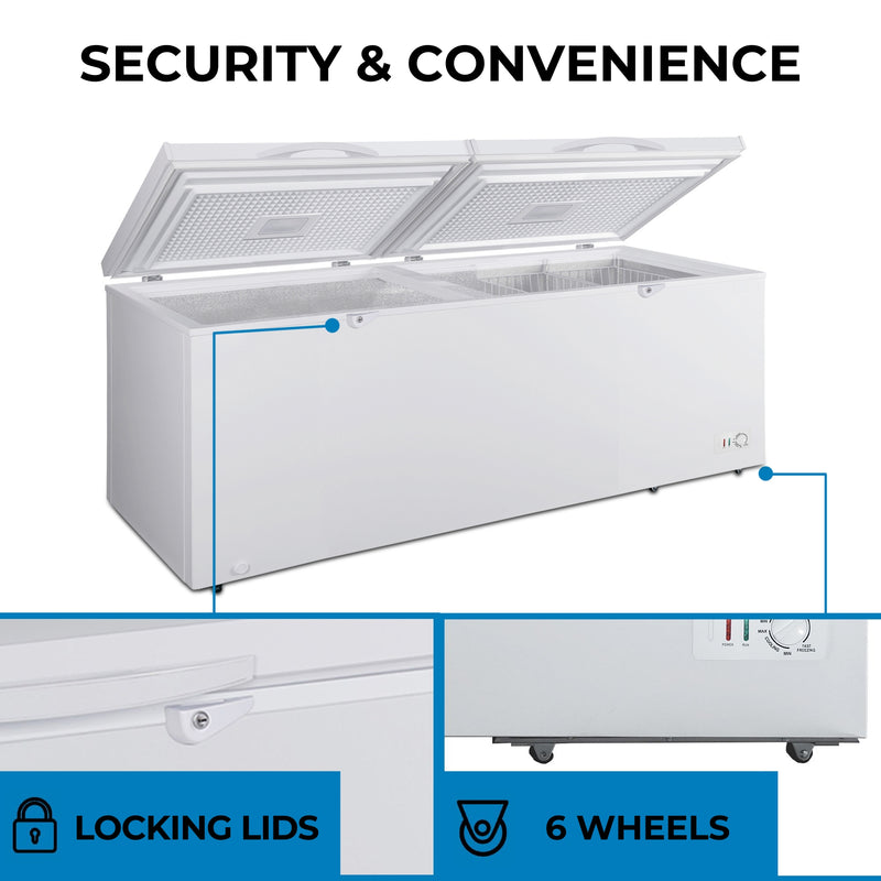 Kenmore convertible deep freeze with the left chamber lid closed and right open, on a white background with closeup images below of features, labeled: 2 Locking lids; 6 wheels. Text above reads, "Security & Convenience."