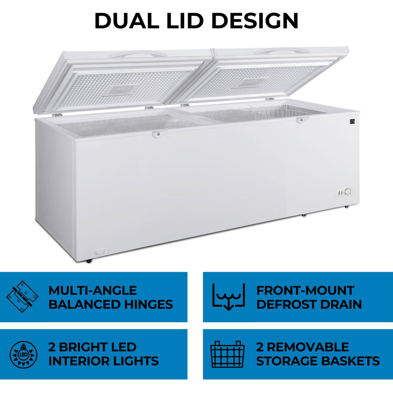 Kenmore convertible deep freeze with the left chamber lid closed and right open, on a white background with features listed below: Multi-angle balanced hinges; front-mount defrost drain; 2 LED interior lights; 2 removable storage baskets. Text above reads, "Dual lid design"