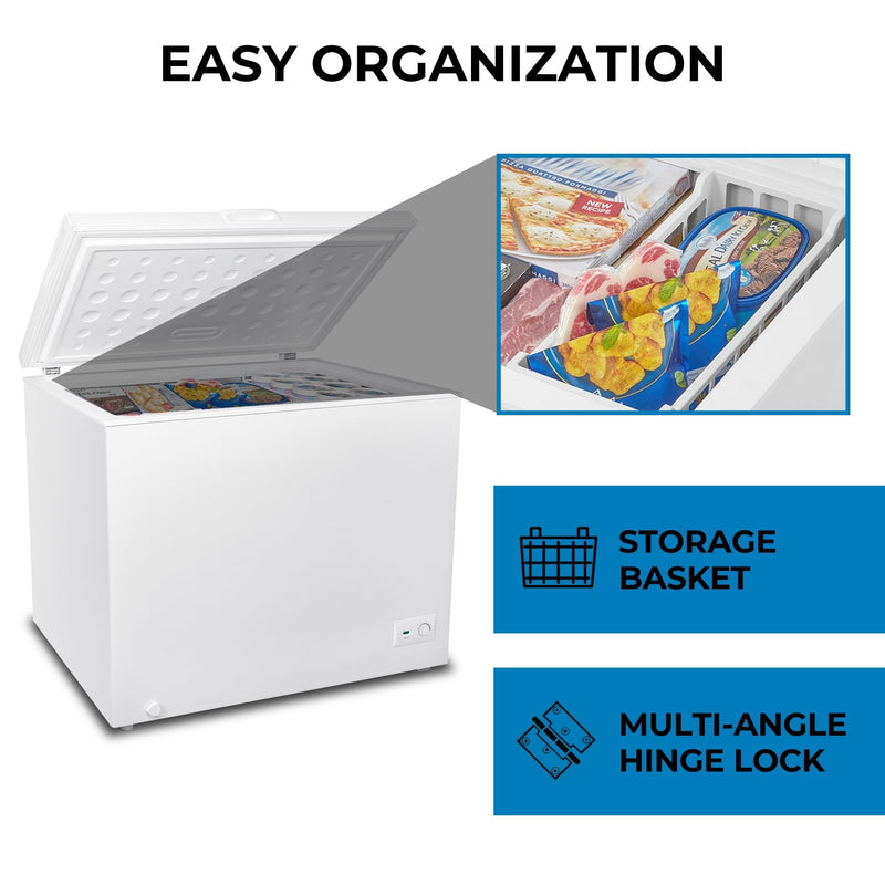 Kenmore deep freeze, open and filled with food items, on a white background with an inset closeup showing the storage basket. Text above reads, "Easy organization," and text and icons beside describe features: Storage basket; balanced hinge lid.