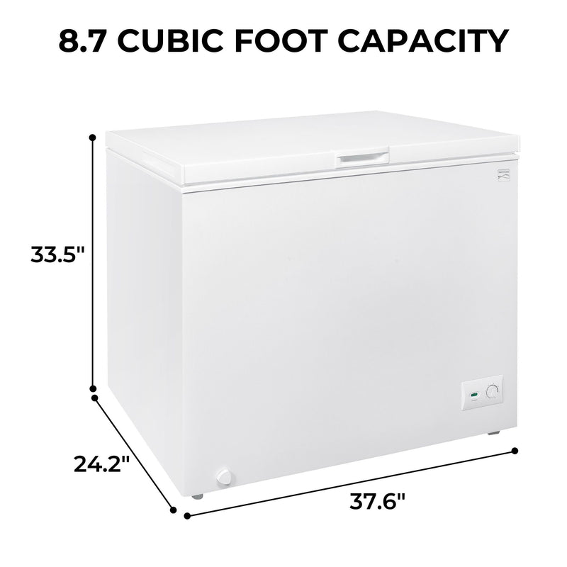 Kenmore chest freezer on a white background with dimensions labeled and text above reading, "8.7 cubic foot capacity"