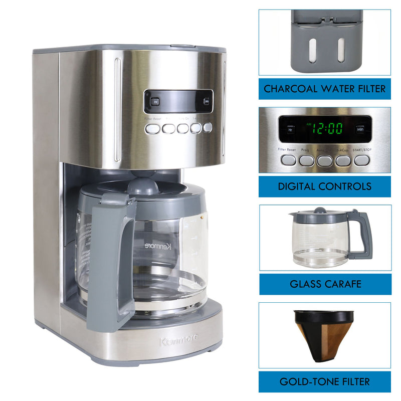 Kenmore 12 cup programmable coffeemaker on a white background on the left with four closeup images on the right of parts, labeled: water filter; digital controls; glass carafe; gold tone filter