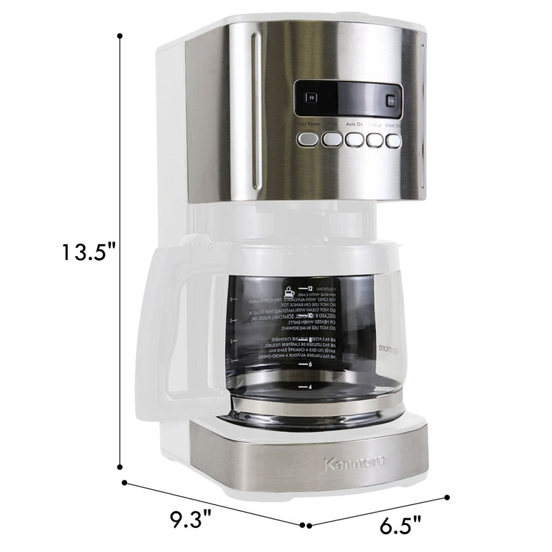 Kenmore 12 cup programmable coffeemaker on a white background with dimensions labeled