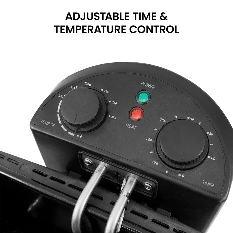 Closeup view of the control panel and top of the heating element on the Kenmore deep fryer. Text above reads, "Adjustable time and temperature control"