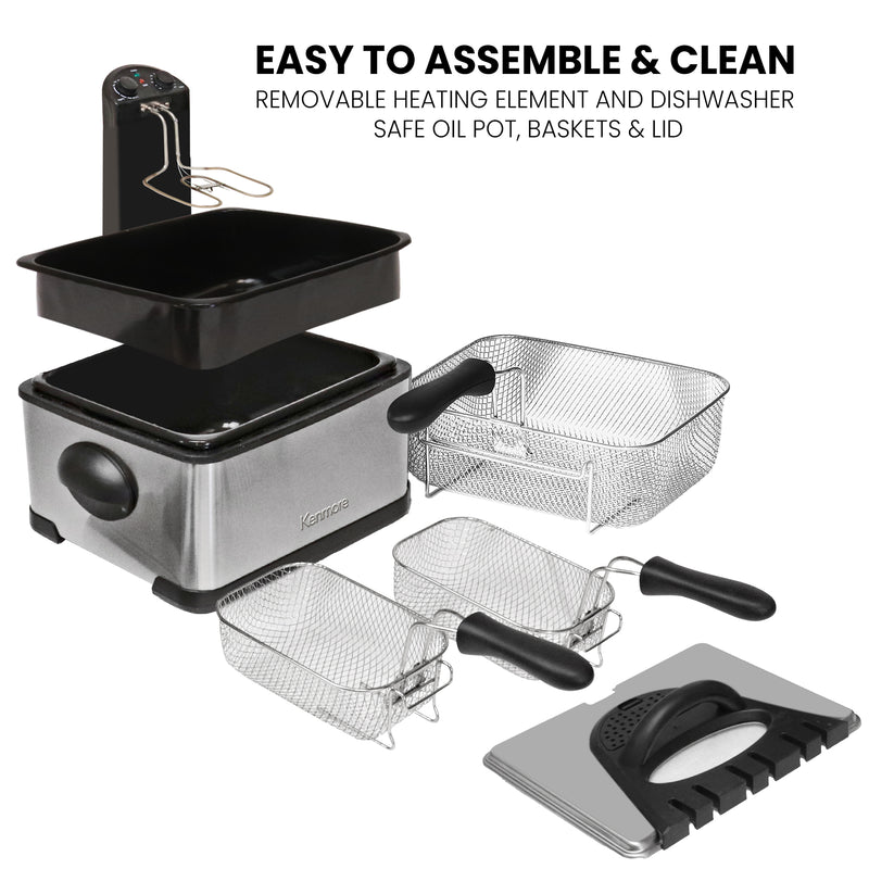 Kenmore stainless steel 3 basket deep fryer, disassembled, with all parts visible. Text above reads, "Easy to assemble and clean: Removable heating element and dishwasher safe oil pot, baskets, and lid"