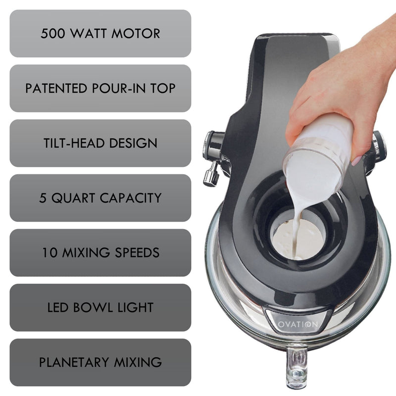 Kenmore Elite Ovation mixer viewed from above with a person's hand pouring milk through pour-in top and features listed to the left: 500 watt motor; patented pour-in top; tilt-head design; 5 quart capacity; 10 mixing speeds; LED bowl light; planetary mixing