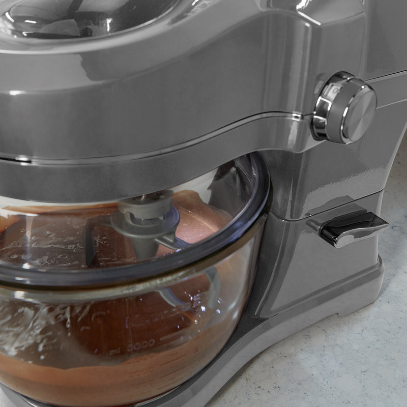 Closeup of the Kenmore Elite Ovation mixer with the bowl filled with chocolate brownie batter