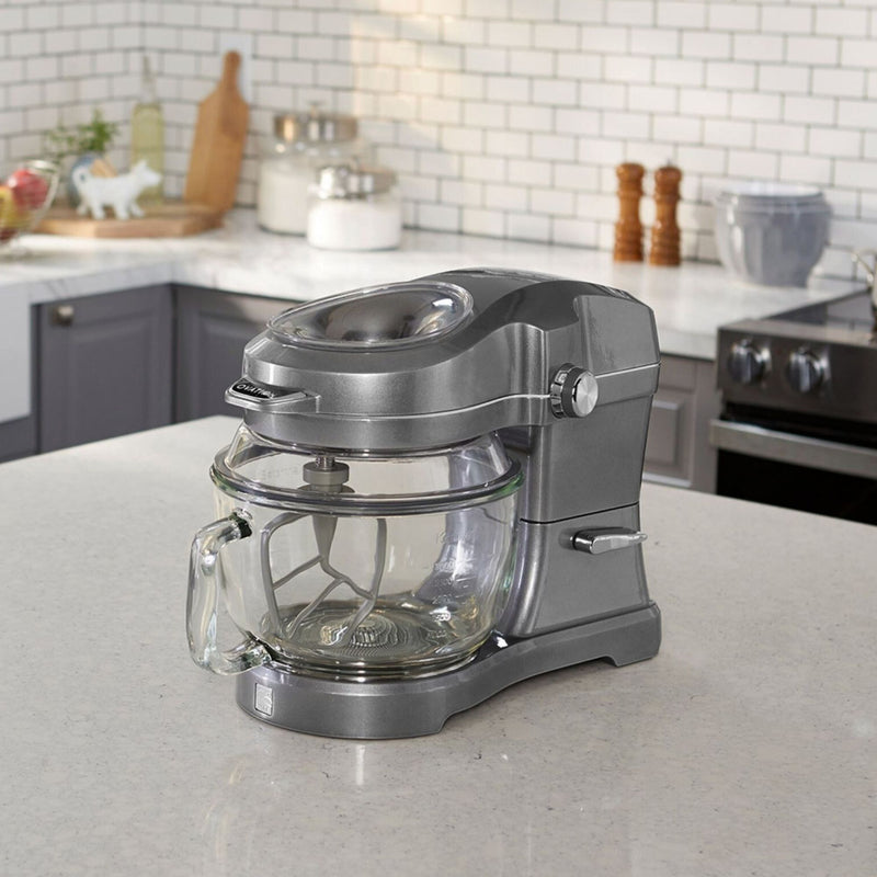 Kenmore Elite Ovation tilt-head stand mixer on a light gray kitchen counter with gray cupboards in the background