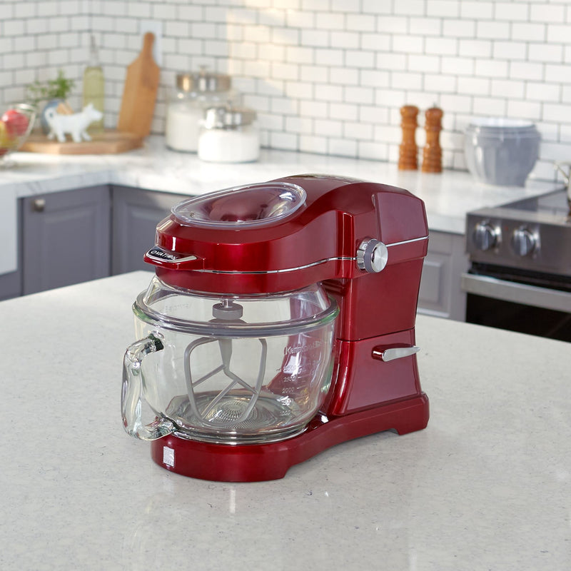 Kenmore Elite Ovation tilt-head stand mixer on a light gray kitchen counter with gray cupboards in the background