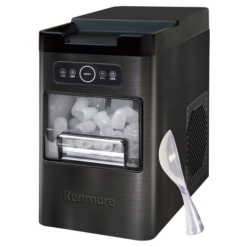 Kenmore automatic front-load ice maker and ice scoop on white background