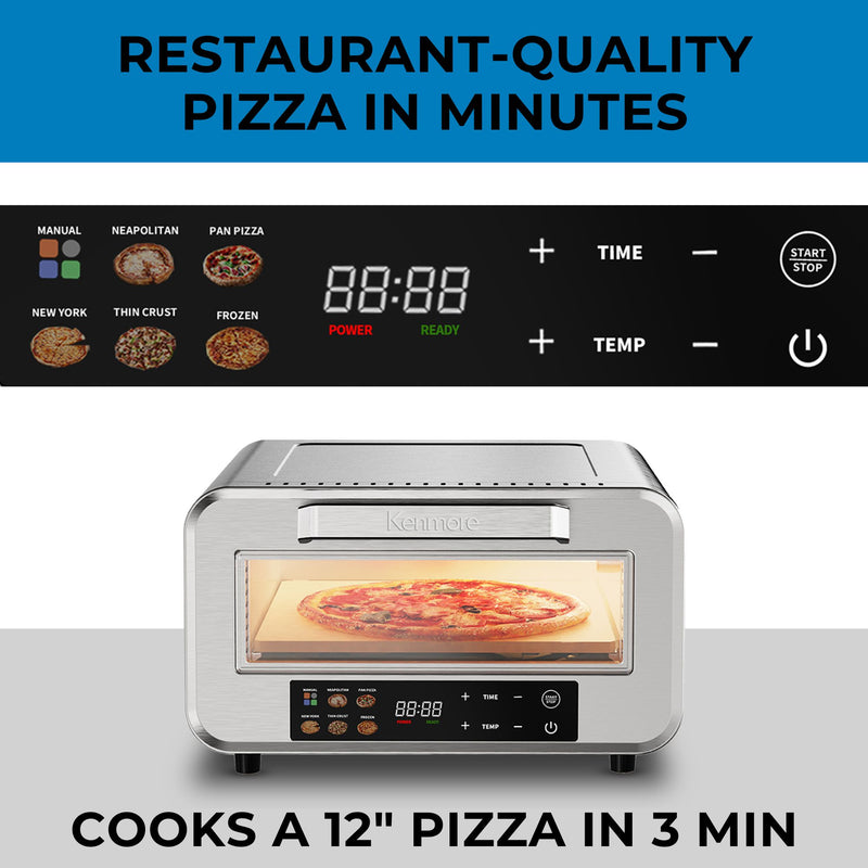 Kenmore stainless steel indoor pizza oven with a pizza cooking inside on a gray surface with a closeup view of the touch control panel on a white background above it. Text above reads, "Restaurant-quality pizza in minutes," and text below reads, "Cooks a 12" pizza in 3 min."