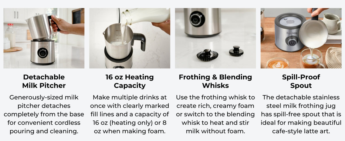 Four images with text below describe features of the Kenmore stainless steel automatic milk frother: Detachable Milk Pitcher; 16 oz Heating Capacity; Frothing & Blending Whisks; Spill-Proof Spout