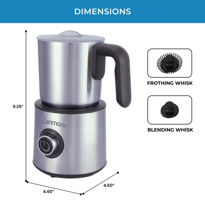 Kenmore stainless steel automatic milk frother and steamer on a white background with dimensions, capacity, and frothing and blending whisks labeled