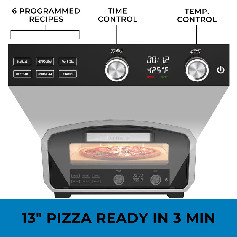 Front view of the Kenmore 13 inch outdoor pizza oven with inset closeup of the control panel with controls labeled: 6 programmed recipes; time control; temp. control. Text below reads, "13" pizza ready in 3 min"