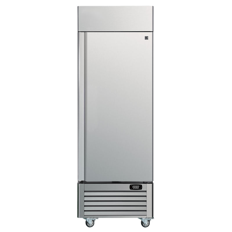 Kenmore Pro 23 cu ft commercial reach-in solid door stainless steel convertible freezer/refrigerator, closed, on a white background