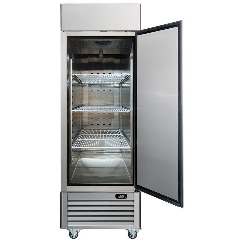 Kenmore Pro 23 cu ft commercial reach-in solid door stainless steel convertible freezer/refrigerator, open, on a white background