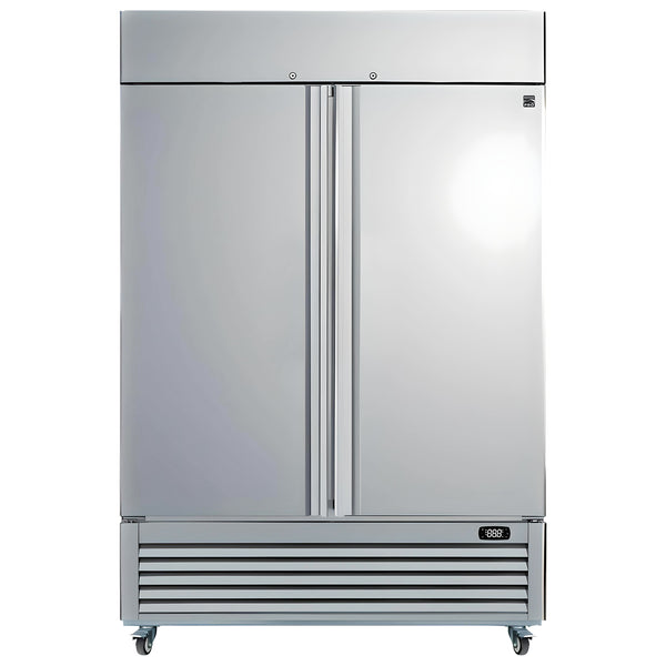 Kenmore Pro 49 cu ft commercial reach-in solid door stainless steel convertible freezer/refrigerator, closed, on a white background