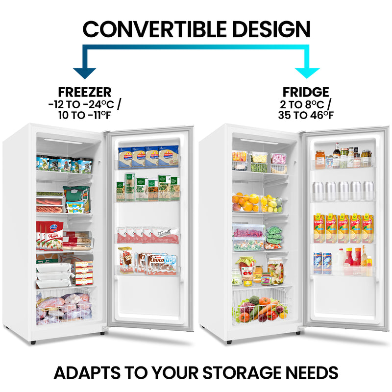 Two pictures show the Kenmore upright convertible open and filled with food items being used as a freezer and a refrigerator. Text above reads, "Convertible design: Freezer -12 to -24°C (10 to -11°F), Fridge 2 to 8°C (35 to 46°F), and text below reads, "Adapts to your storage needs"