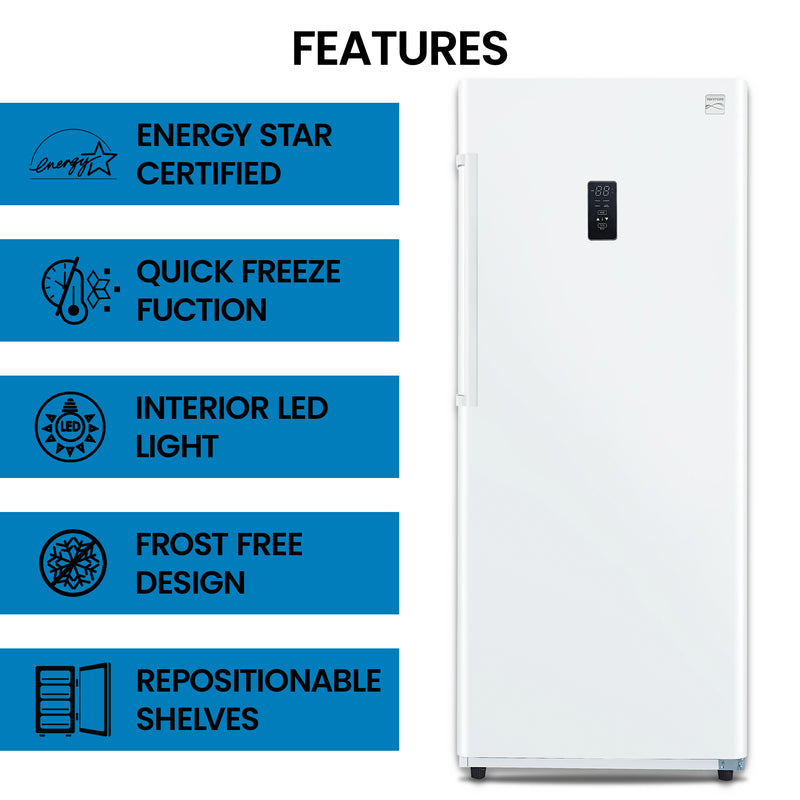 Kenmore upright convertible fridge freezer on a white background with features listed to the left: Energy Star certified; quick freeze mode; LED interior light; frost free design; repositionable shelves