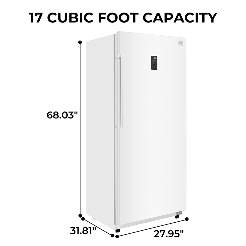 Kenmore upright convertible freezer on a white background with dimensions labeled and text above reading, "17 cubic foot capacity"