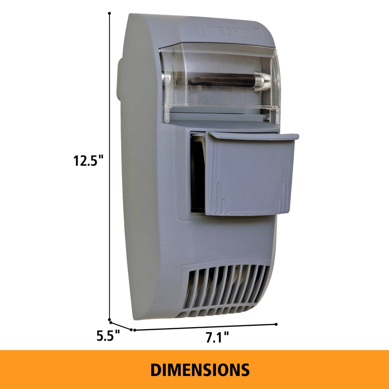 Bite Shield wall-mount mosquito trap on a white background with dimensions labeled