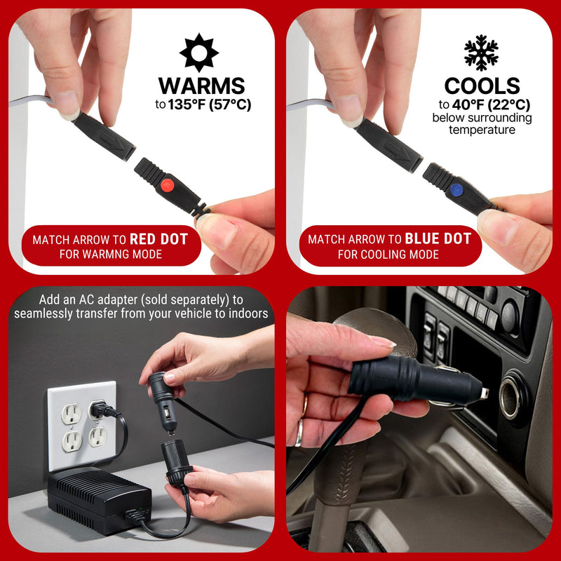 Top image shows hands connecting cords on a light gray background with text reading "COOLS to 40°F (22°C) below surrounding temperature" and "MATCH ARROW TO DOT FOR COOLING MODE." Bottom two images show hands plugging the power cord into an indoor wall outlet and a 12V car outlet. Text above the indoor image reads "Add an AC adapter (sold separately) to seamlessly transfer from your vehicle to indoors"