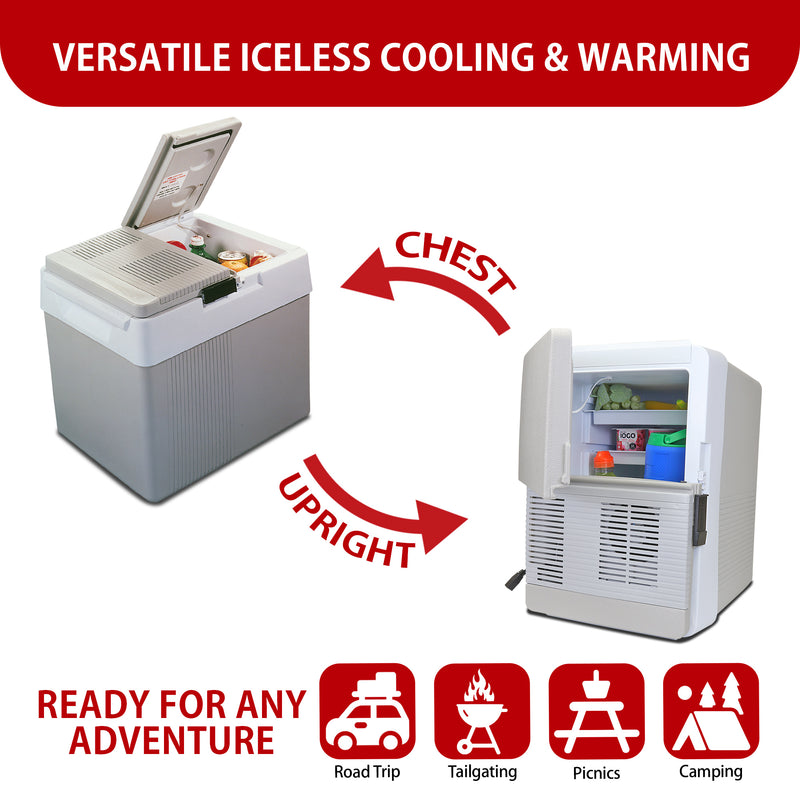 Two images show the Koolatron 12V cooler/warmer as an ice chest and on its side as a mini-fridge with arrows labeled, "CHEST" and "UPRIGHT." Text above reads, "VERSATILE ICELESS COOLING & WARMING." Text below reads, "READY FOR ANY ADVENTURE" followed by icons labeled: Road trip, tailgating, picnics, and camping.