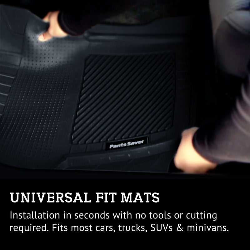 A person's hands placing a PantSaver universal fit vehicle mat into a vehicle. Text below reads, "UNIVERSAL FIT MATS Installation in seconds with no tools or cutting required. Fits most cars, trucks, SUVs & minivans."