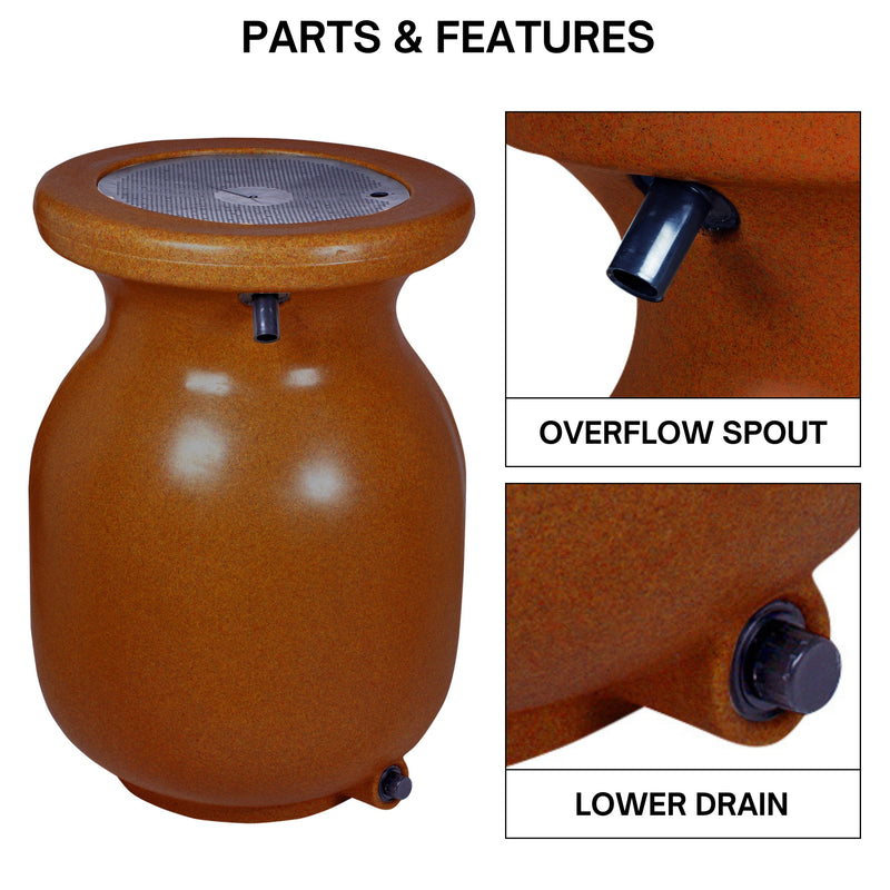 Koolscapes stone-look rain barrel on a white background with closeup images of parts, labeled; Overflow spout; lower drain. Text above reads, "Parts and Features."