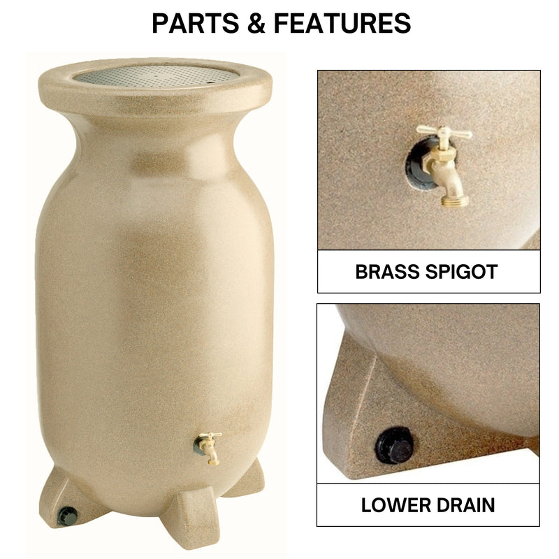 Koolscapes stone-look rain barrel on a white background with closeup images of parts, labeled; Brass spigot; debris screen. Text above reads, "Parts and Features."