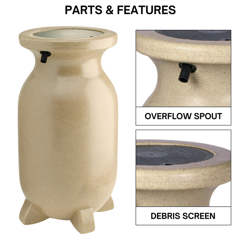 Koolscapes stone-look rain barrel on a white background with closeup images of parts, labeled; Overflow spout; lower drain. Text above reads, "Parts and Features."