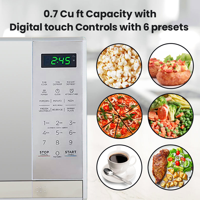 Closeup of control panel on Total Chef 700 watt compact microwave with 6 images of different types of food and text above reading, "0.7 cu ft capacity with digital touch controls with 6 presets"