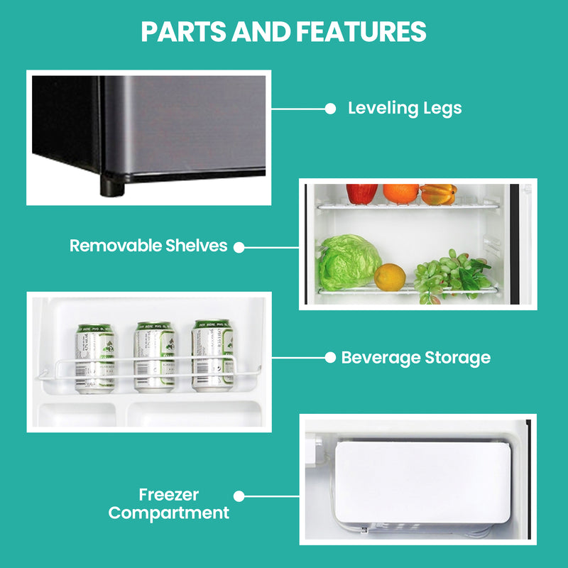 Closeup images of parts and features, labeled: Leveling legs; removable shelves; beverage storage; freezer compartment