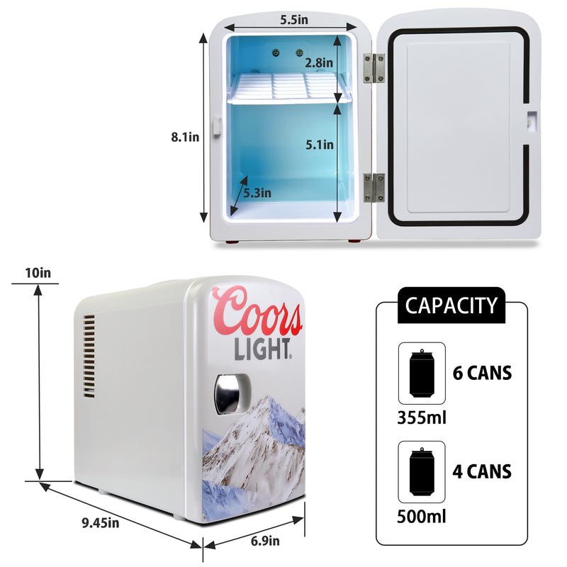 Two product shots of Coors Light 4L mini fridge, open and closed, on a white background, with interior and exterior dimensions labeled. Inset text and icons describes: Capacity - 6 cans 355 mL