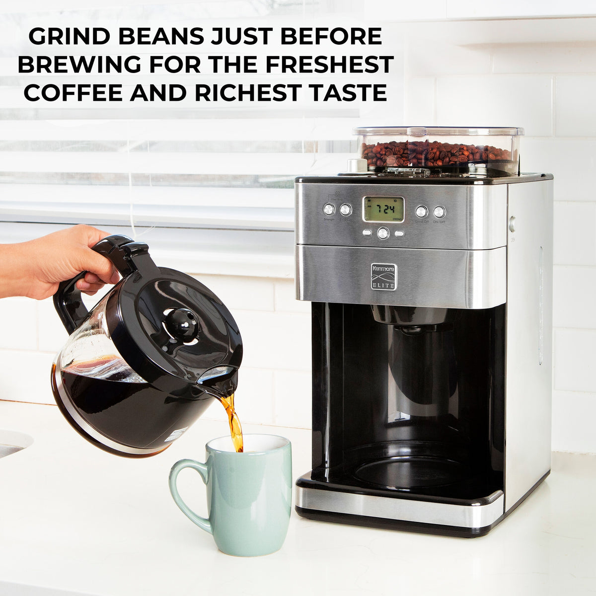 Kenmore Elite Grind and Brew Coffee Maker w Burr Grinder 12 Cup Programmable Automatic Timer Brew Coffee Machine Air Tight Bean Hopper Grind Size